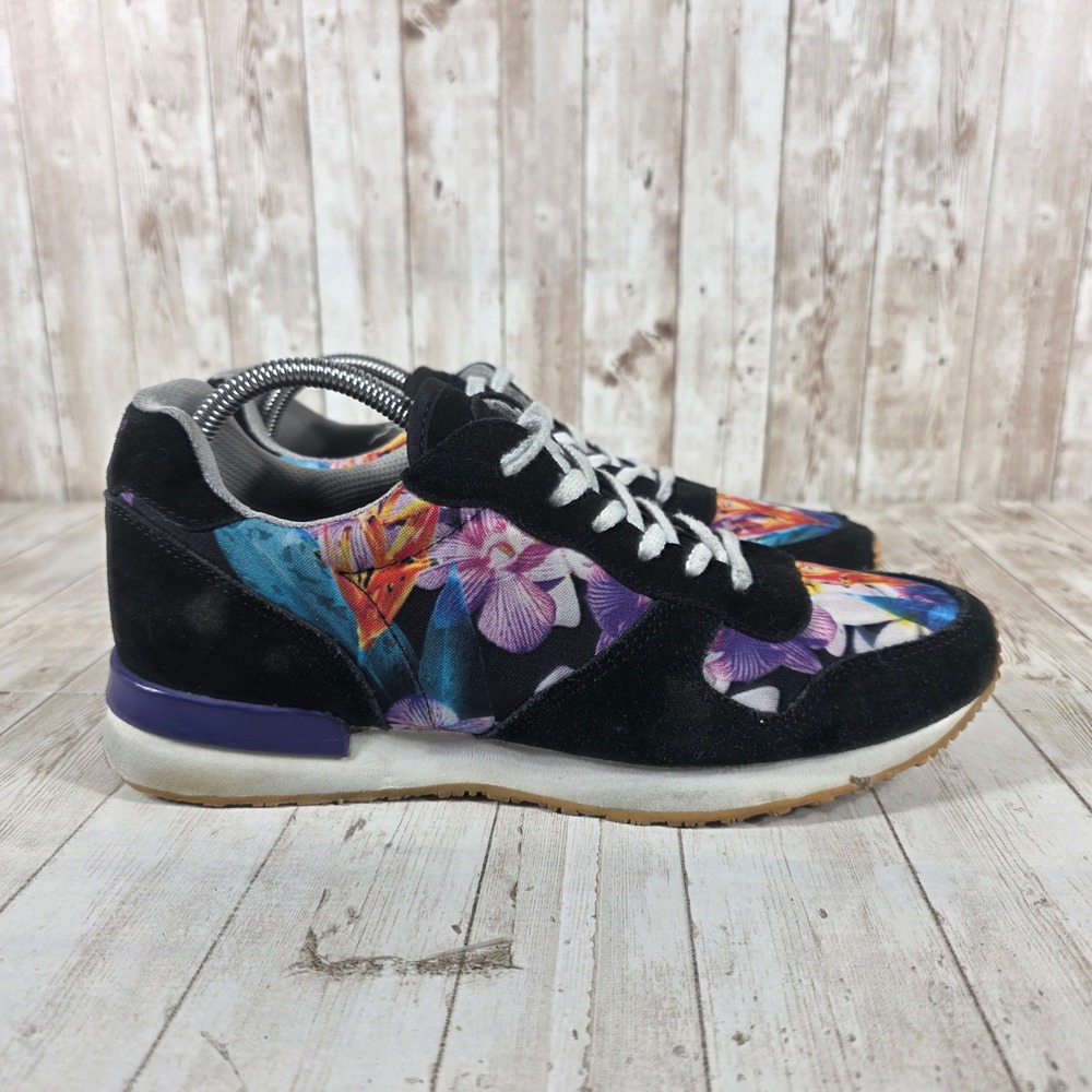 Inkkas Women 10 Black Suede Tropical Floral Jogger Sneakers Purple Gum Sole
